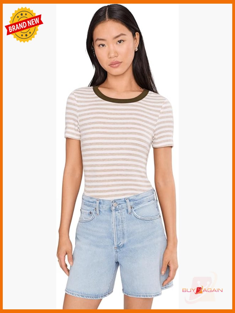 Striped Crew Neck Short Sleeve T-Shirt, Lightweight Rayon